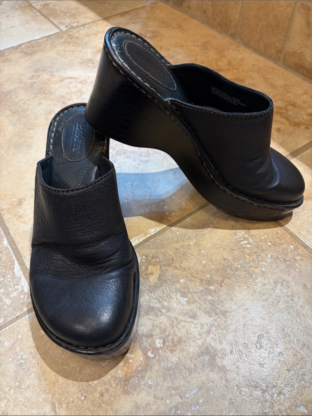 Born Black Leather Wedge Clog Mules